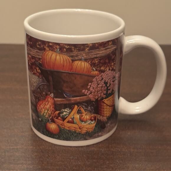 Longaberger Baskets Coffee Cup Mug Fall Harvest Thanksgiving Mums Pumpkin Gourds - Picture 1 of 12